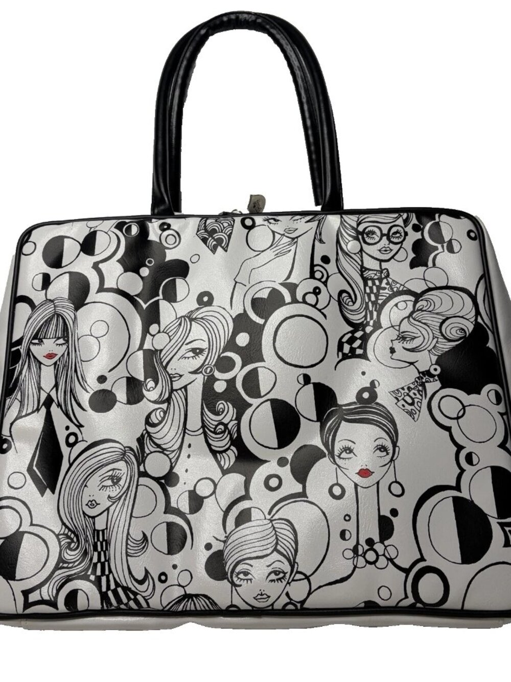 Miss Fluff Zip Laptop Tote Bag Black White Graphic Retro 60s Mod Double Handle